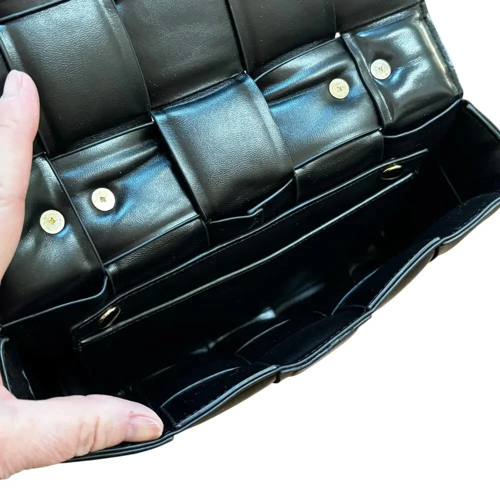 Black faux leather quilted puffy purse chunky gold chain top handle satchel